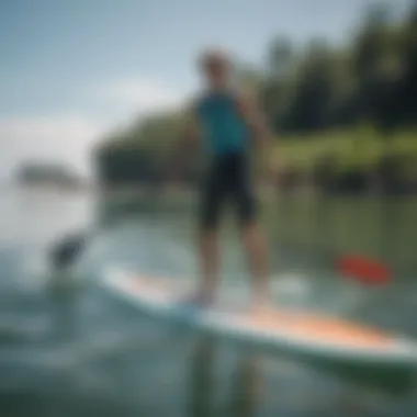 An eco-friendly paddleboarder engaging in sustainable practices on the water.