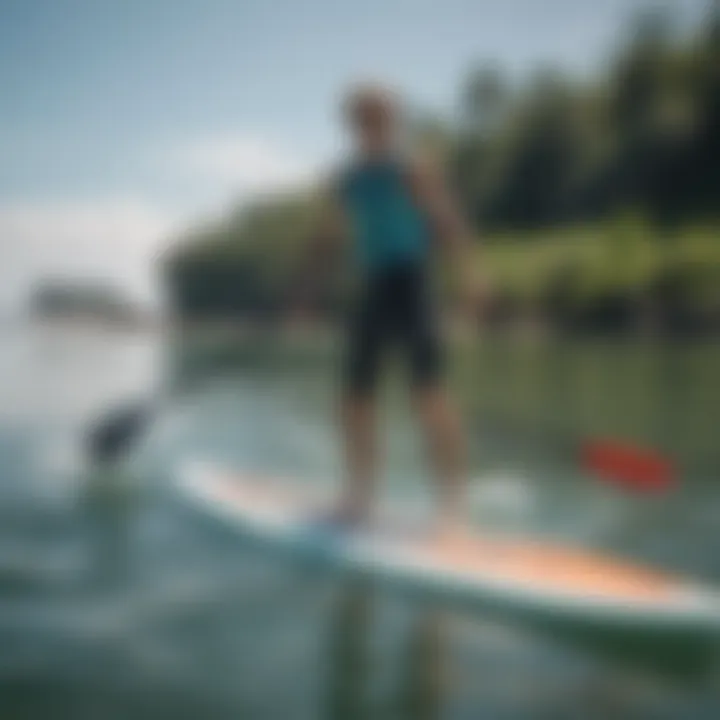 An eco-friendly paddleboarder engaging in sustainable practices on the water.