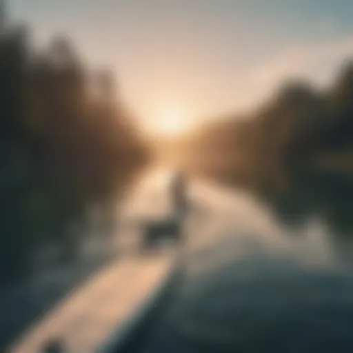 A serene lake at dawn with paddleboarders gliding across the water.