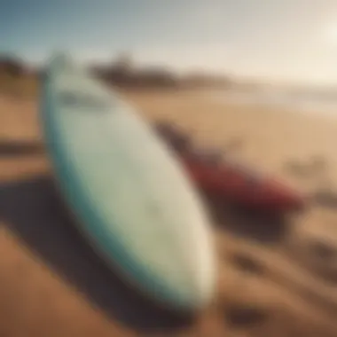 Eco-friendly surfing gear displayed on a sandy beach