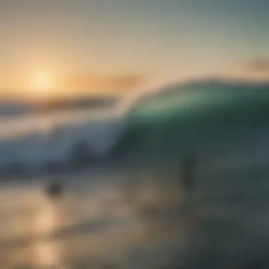 An aerial view of surfers riding ocean waves during sunrise