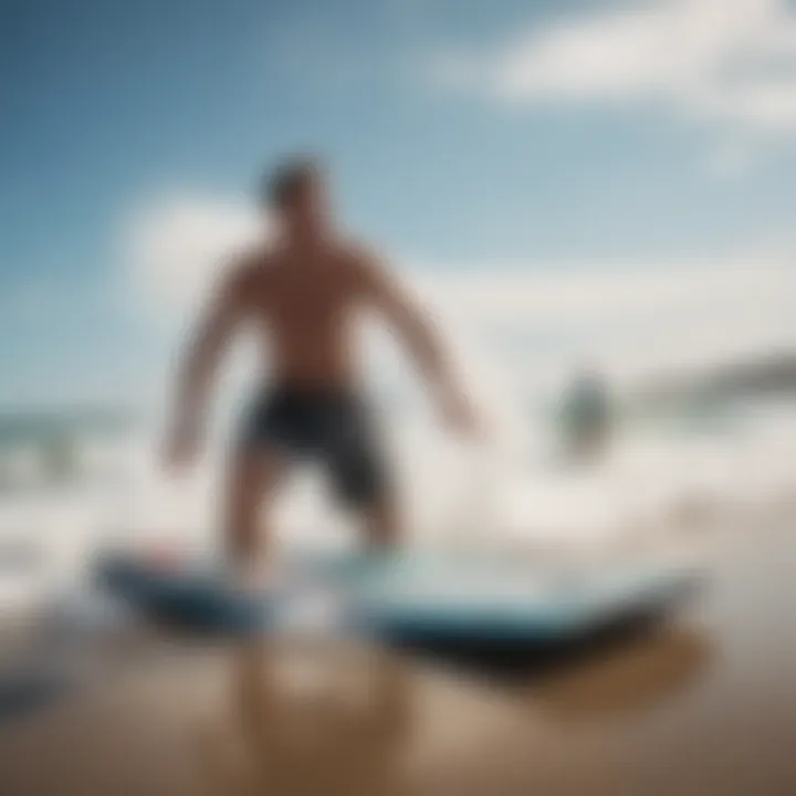 An individual enjoying a day at the beach with a boogie board