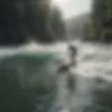 A serene river with someone surfing on calm waters