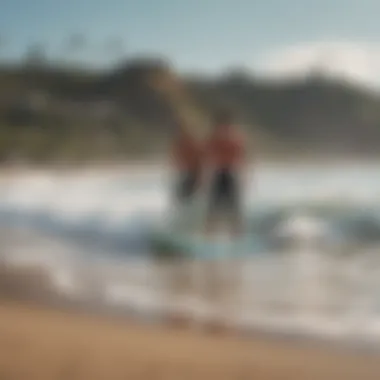 A group of surfers discussing sustainable practices on the beach