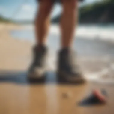 A pair of durable surf fishing shoes on sandy beach