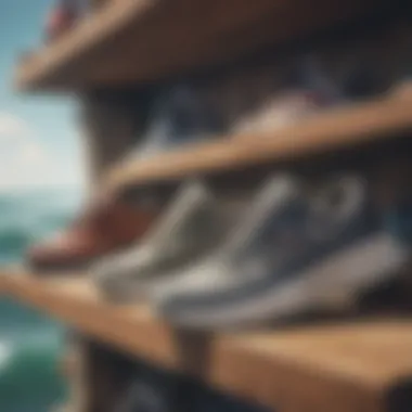 Popular brands of surf fishing shoes displayed on a shelf