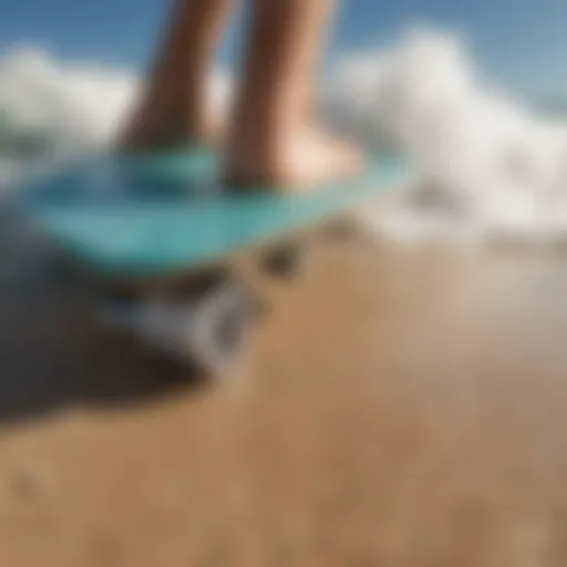 Close-up view of textured grip tape on a skimboard