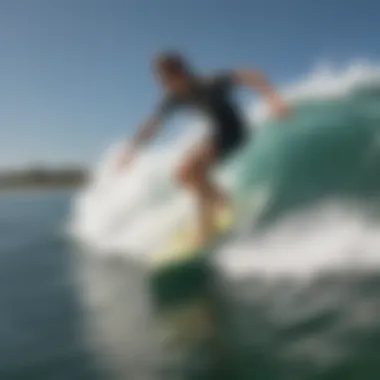 Skimboarder riding a wave with excellent grip