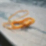 Close-up view of a surf leash string attached to a surfboard