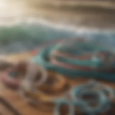 Various types of surf leash strings displayed on a table