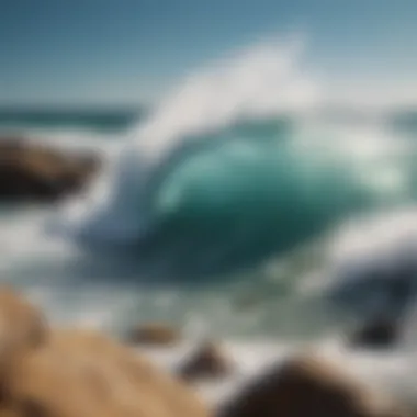 A close-up of ocean waves gently crashing against rocks, symbolizing the connection between the sea and mindfulness