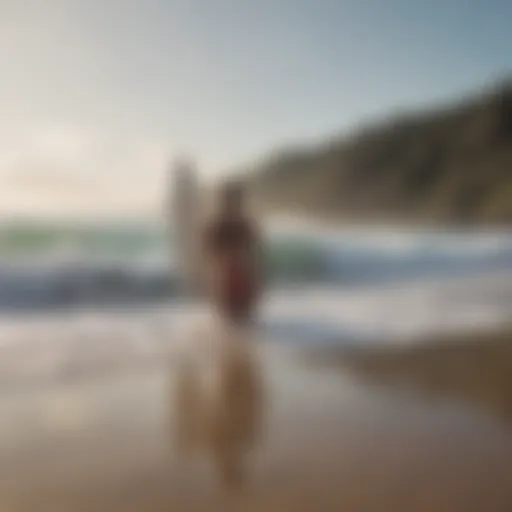 A serene beach scene showcasing a person practicing yoga on the shore with surfboards in the background