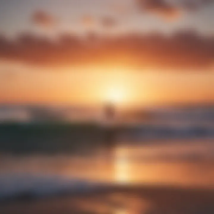 A vibrant sunset view over the ocean with silhouettes of surfers and yoga practitioners on the beach