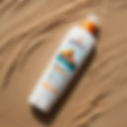 Bottle of Tropicsport Mineral Sunscreen Lotion SPF 30 on a sandy beach