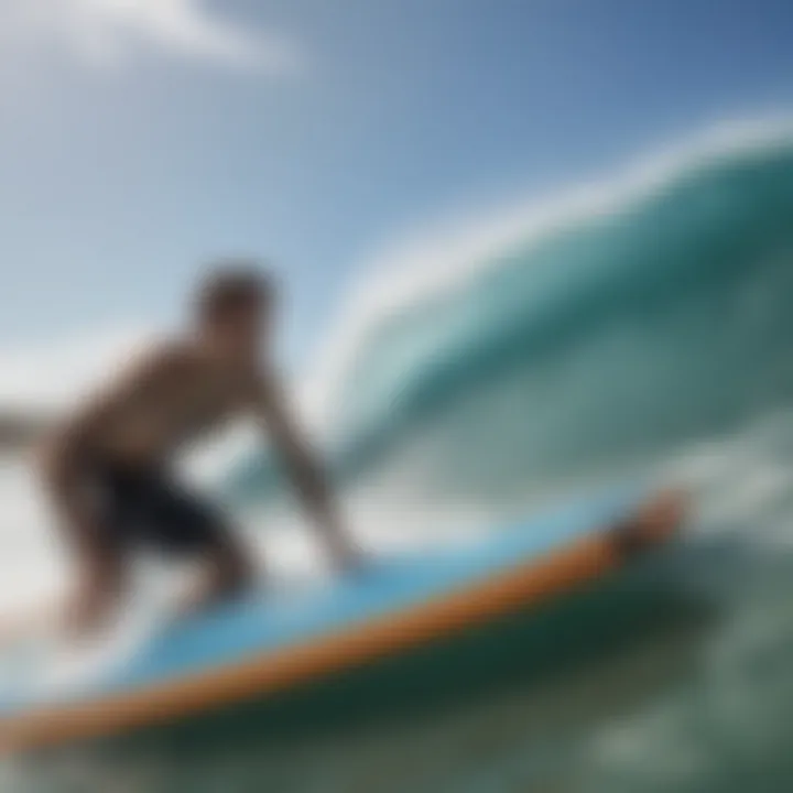 A close-up of the boogie board with ocean spray in the background