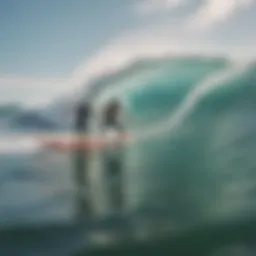 A stunning view of two riders on a boogie board catching a wave together