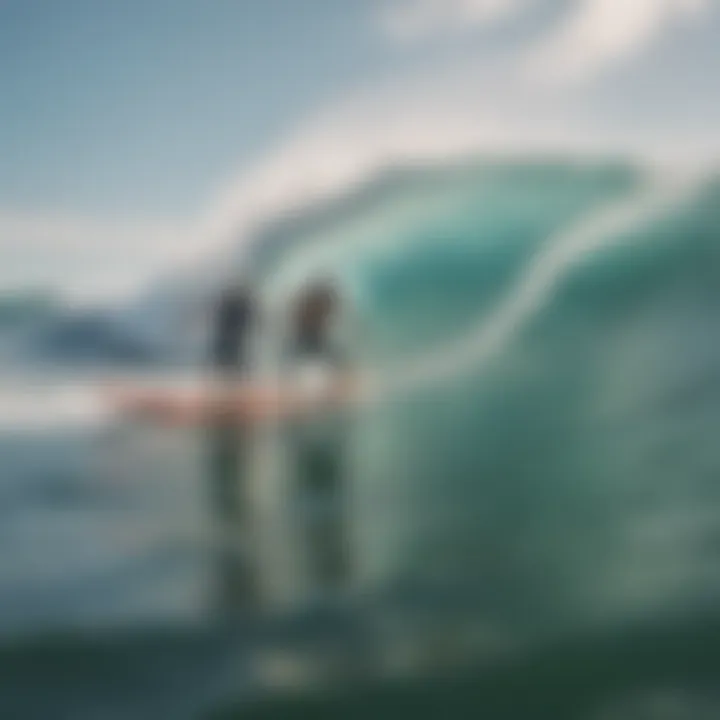 A stunning view of two riders on a boogie board catching a wave together