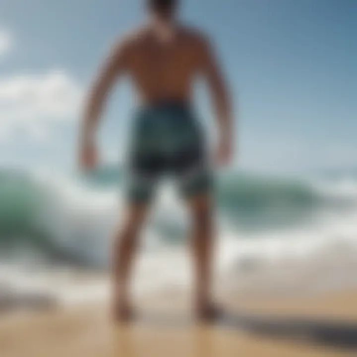 A serene beach scene illustrating the functionality and comfort of boardshorts in action