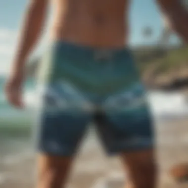 Eco-friendly boardshorts displayed with nature in the background, emphasizing sustainability