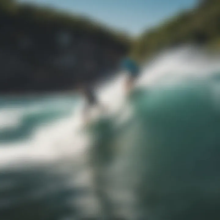 A group of friends enjoying wakesurfing in a scenic location