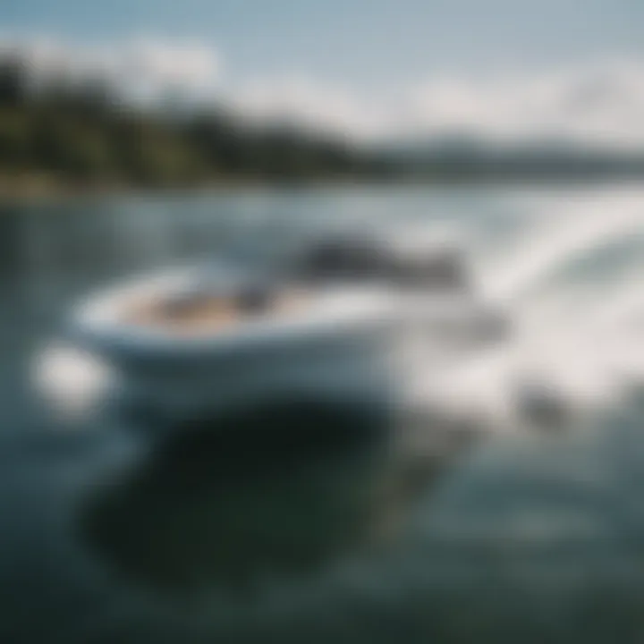 A sleek wakesurf boat cutting through smooth water