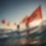 A vibrant display of beach safety flags fluttering in the wind, signaling important messages to surfers.