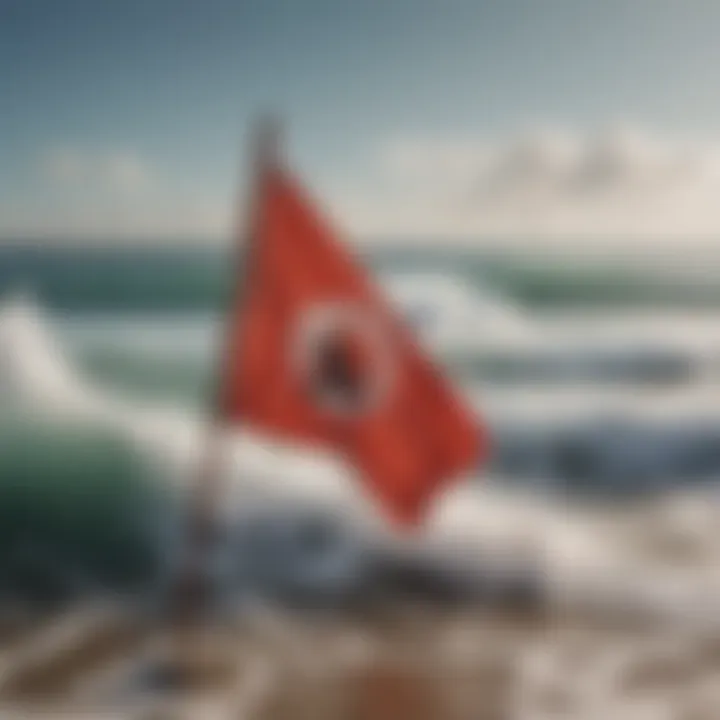 Close-up of a red flag with a warning symbol, indicating dangerous surfing conditions.