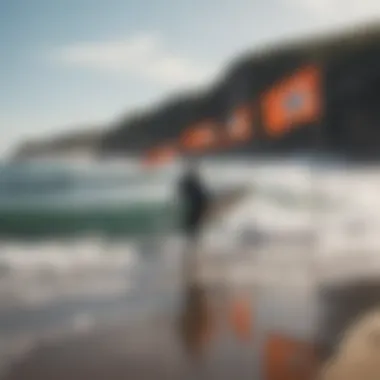 A surfer observing beach safety flags while preparing to enter the water, showcasing awareness.