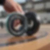 Close-up view of longboard bearing spacers demonstrating their design