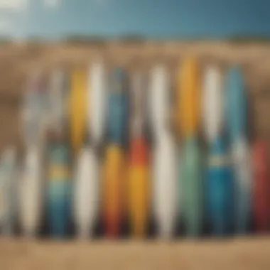 A variety of surfboards displayed on a beach