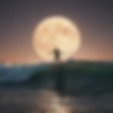 Surfer riding a wave under a full moon