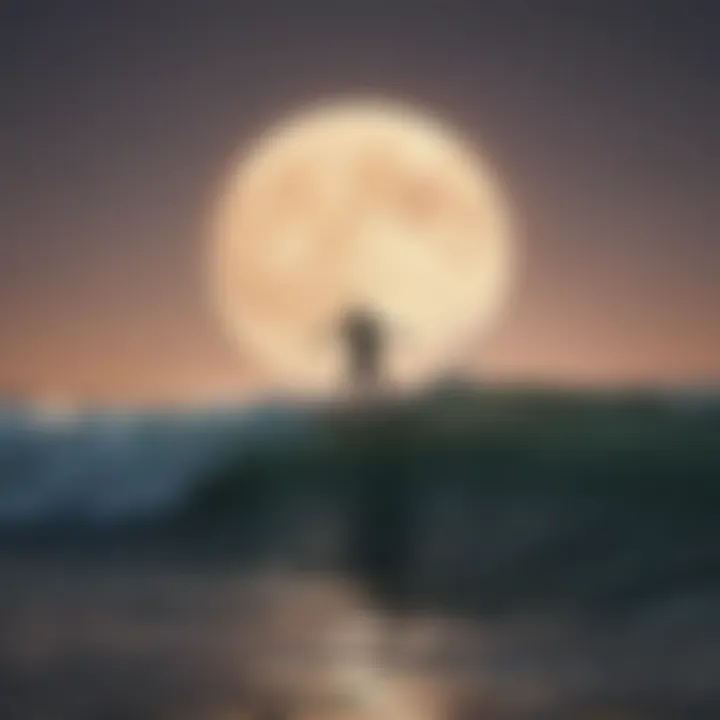 Surfer riding a wave under a full moon