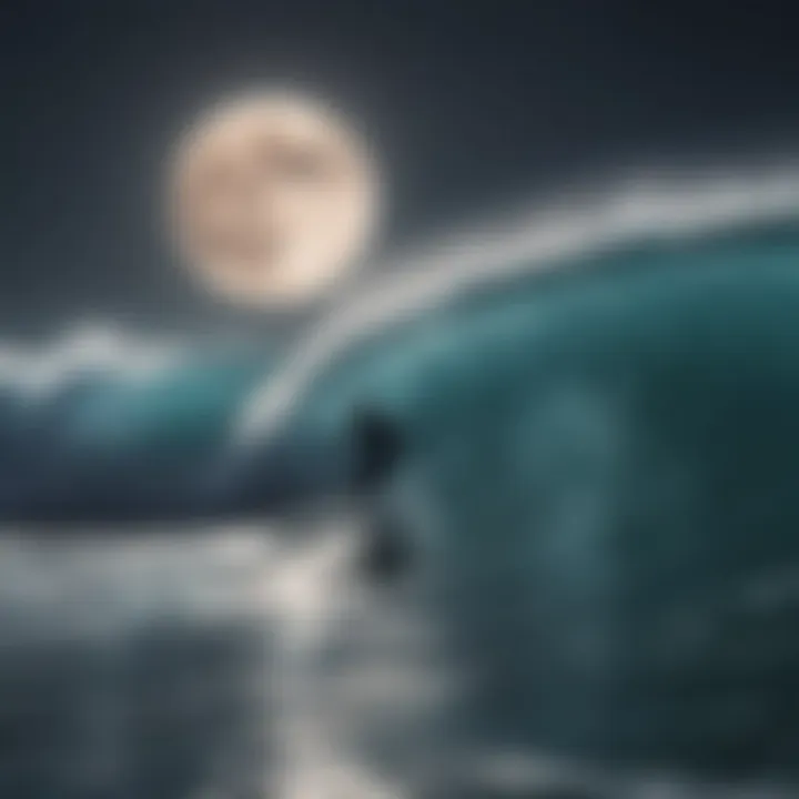 Surfers riding waves under a full moon, showcasing the thrill of night surfing