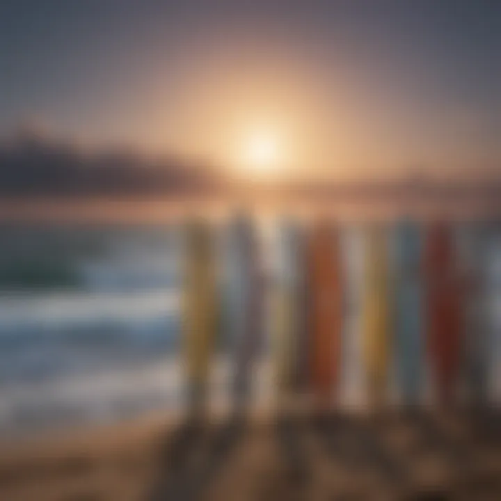 An array of surfboards lined up on the beach with a rising moon