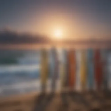 Surfboards at Beach During Moonrise An array of surfboards lined up on the beach with a rising moon