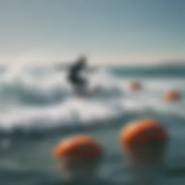 A surfer navigating through water with buoys strategically placed for safety