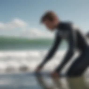 Surfer demonstrating proper wetsuit adjustment techniques