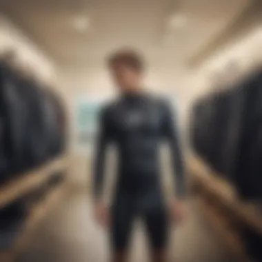 Finding the Right Wetsuit Fit A surfer trying on a wetsuit for the perfect fit in a retail store