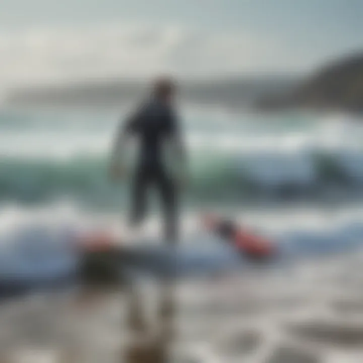 A scenic coastline with surfers in different wetsuits under varying weather conditions